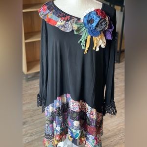 1X ladies Patchwork UPCYCLED Tunic with an Attachable Flower Pin